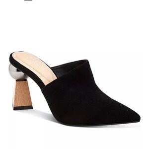 Alfani Step‎ N Flex Black Suede Pointed Toe Heel Mules  Wood Accent Size 7.5